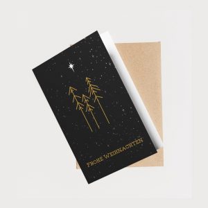 Minimalistische Weihnachtskarte Schwarz Gold – Moderne Klappkarte mit Stern & Tannen, Festliche Grußkarte „Frohe Weihnachten“